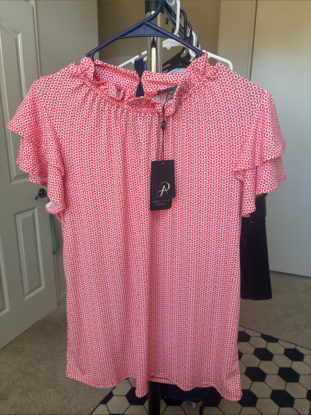 Adrianna Papell Coral Pink Geometric Ruffle Sleeve Blouse